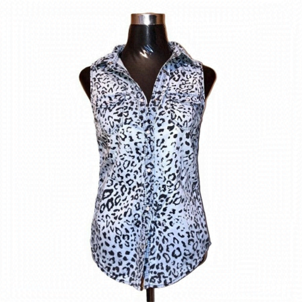Y2K H&M Denim Animal Print Sleeveless Button-Down Top Size M Spring Streetwear